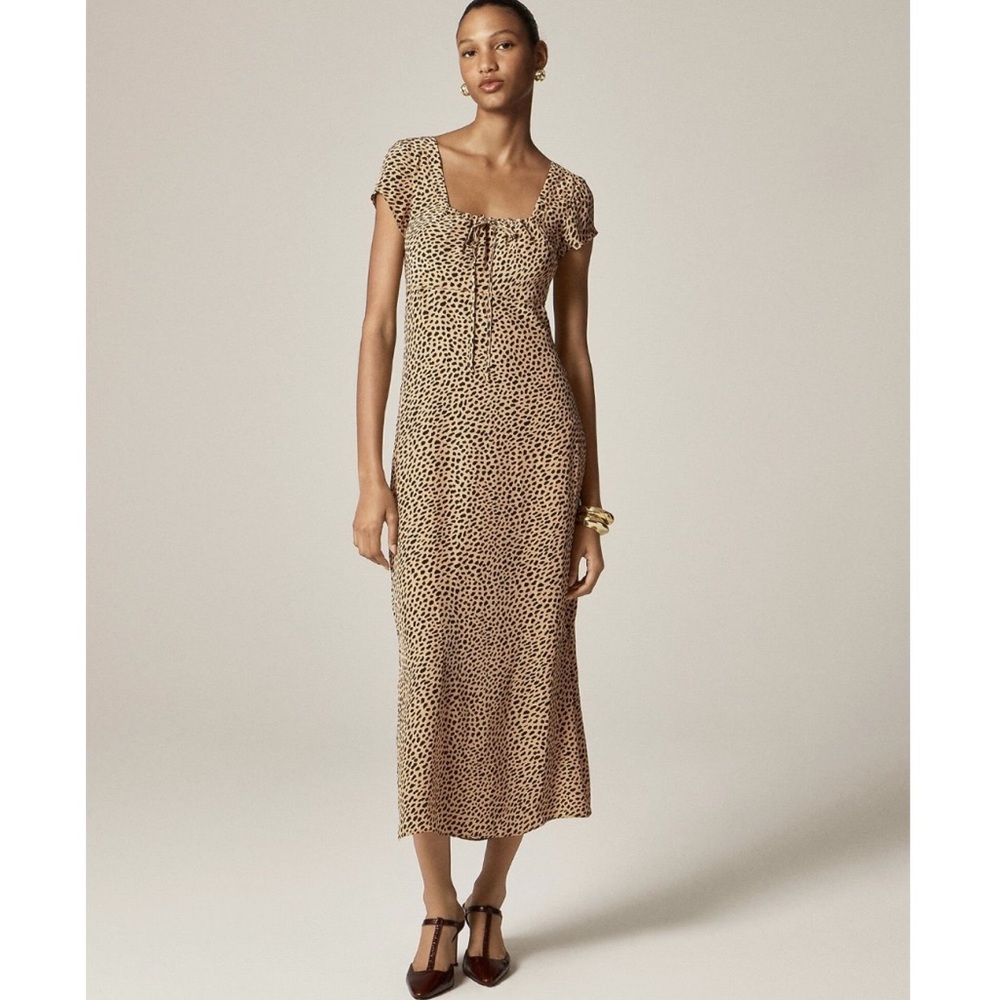 NWT J. Crew Square Neck Slip Midi Dress in Brown Spot Print, Size 14